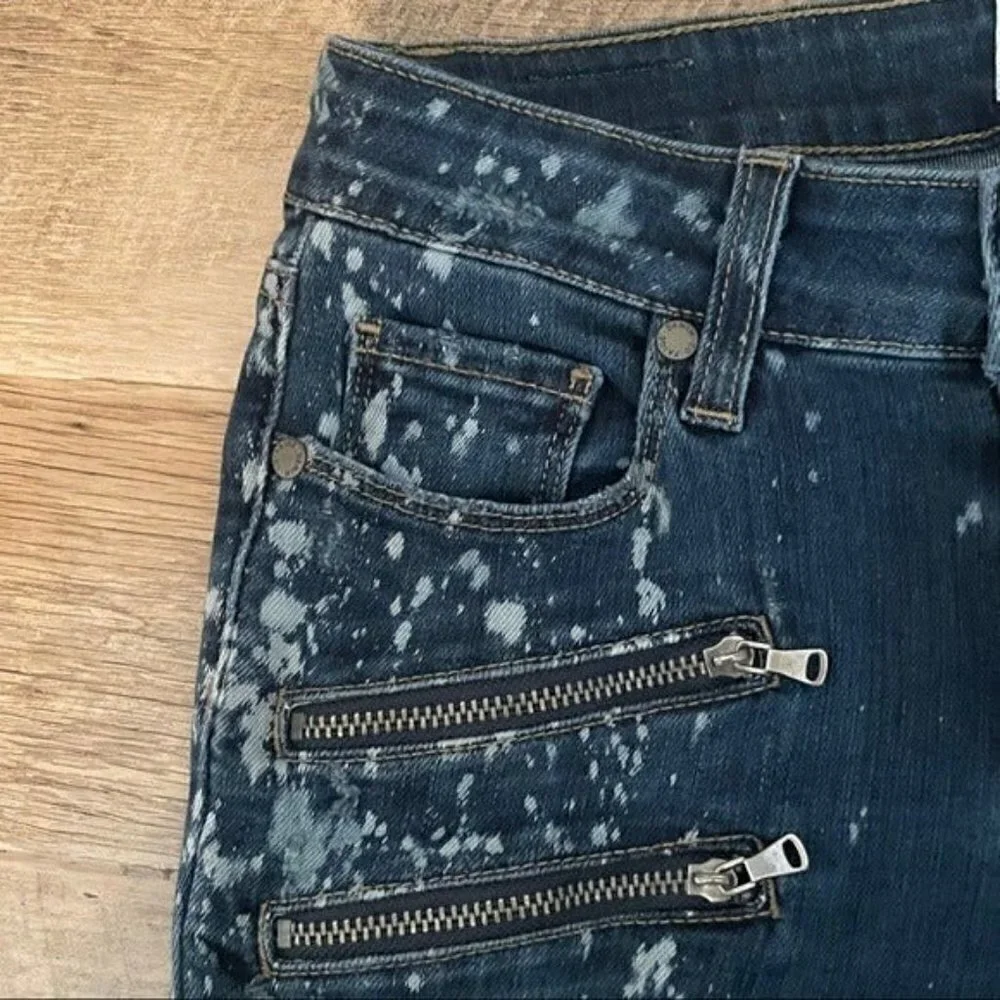 Paige Edgemont Acid Paint Splatter Moto Zip Distressed Skinny Jeans 25 Low Rise